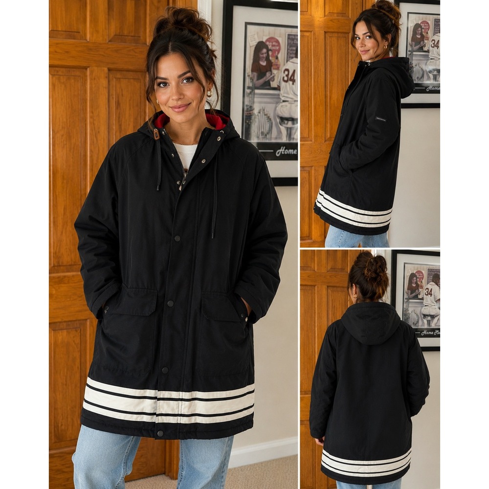 Vintage Nautica‎ Hooded Rain Jacket Women's Large Black Red Reflective Parka